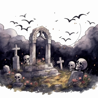 halloween graveyard, watercolor, clipart, white background, grotesque, sketchfab, under the moonlight, eerie color scheme, dark scary colors, closeup