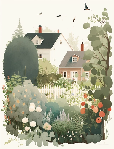 lovely suburban residential vegetable garden with flowers, in the style of Ryo Takemasa, xuan loc xuan, Lisa Audit, Anastasia Suvorova, Jon Klassen, greg tocchini, Depaysement, fantastic realism, tranquil and serene, anemoia, white background, vector, clipart, elaborate, ultra-detailed, best quality illustration, well composed, vibrant colors, high definition, UHD