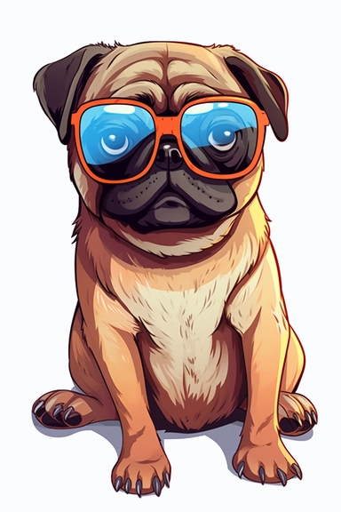 cool pug clipart with feet cartoon, wearing sunglasses, with no background