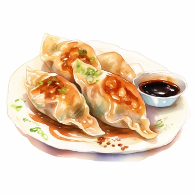 picturesque,bright luxury Japanese nutural food, Pan-fried gyoza dumplings with brown burnt marks, Japanese Gyoza have Juicy on the inside, a golden brown and slightly crispy base, for the restaurant menu, icon clipart on white background, watercolor, detailing in pastel colors, high quality, painted by Beatrix Potter, 8k,
