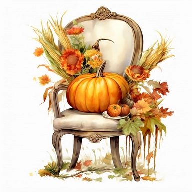 watercolor mixed media masterpiece kitchen beautiful white rustic chair, richly decorated with pumpkins, gourds, and Indian corn, field, landscape, provence, golden accents, shabby shic style, by Vladimir Kush style and by Daniel Ridgway Knight style and by Nicholas Hely Hutchinson style and by Andrew Wyeth style, Baroque style, PNG clipart, isolated on white, extreme photorealistic details, 32k HD resolution, realistic high detailization high resolution, white background, isolated image,