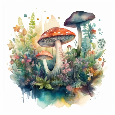 In this watercolor illustration, a mystical mushroom takes center stage, painted with vibrant hues and surrounded by delicate flowers and lush plants. The clipart design captures a magical scene, where fairies flit about in the air, their ethereal forms highlighted against a watercolor backdrop. The white background provides a stark contrast to the dominant forest dark green color scheme, enhancing the enchanting atmosphere of the artwork. The intricate details of the flora and the playful prese
