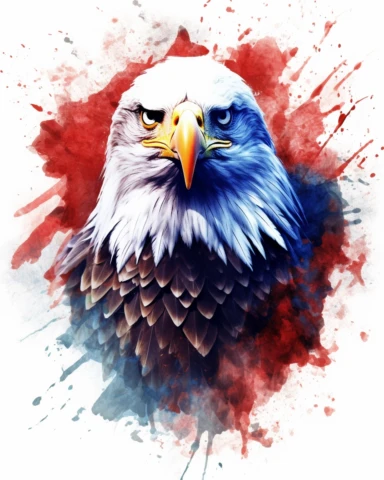Watercolor American eagle, American Flag, double exposure, integrated, red white and blue, unreal engine, splashed, clipart, white background