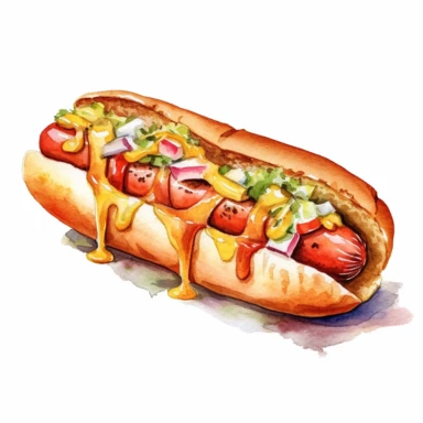 A watercolor clipart of a hotdog, white background