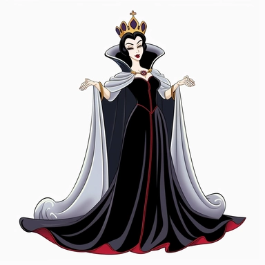 2d thick-lined clipart illustration of an evil but beautiful countess, in the style of 1959's sleeping beauty movie, white background