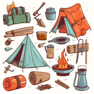 Create a set of cartoon-style clipart featuring various camping elements, such as tents, sleeping bags, flashlights, campfires, folding chairs, and outdoor cooking utensils. Use bright colors and a playful style to bring these camping essentials to life and make them appealing, white background