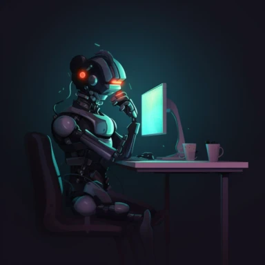AI robot Clipart, Sitting at a desk with a computer Clipart, Ai robot looks flustered dosent know what to type, dark background, 8k