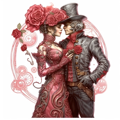A romantic steampunk duo leaning in for a gentle kiss, both dressed in elaborate red and pink steampunk outfits, surrounded by the beauty of a vibrant steampunk rose. Ultra high quality, intricate detail, retro - futurism, pastel clipart, white background