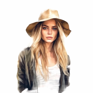 pretty lady with a hat, long blonde hair, watercolor, hyperealistic, clipart, clean white background