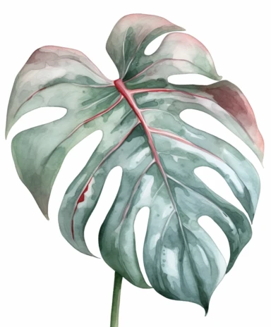 watercolor clipart illustration of a Philodendron gloriosum leaf green and grey, in the style of meticulous design, minimalistic serenity, light turquoise and dark white, oil paintings, dark green and light crimson, naturalistic poses, imitated material