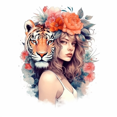 Girl with tiger and flowers, illustration clipart, detailed, black outline, white background, digital art, watercolor