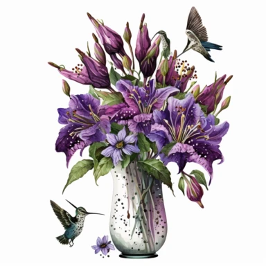 Watercolor realistic detailed purple tiger lily bouquet in stunning vase with hummingbird clipart, white background, no text