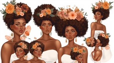 animated clipart bundle african american mother concepts, clipart bundle with beautiful flowers, beautiful faces, beautiful eyes and differential body types and skin tones, harlem Renaissance, Mother's Day White background