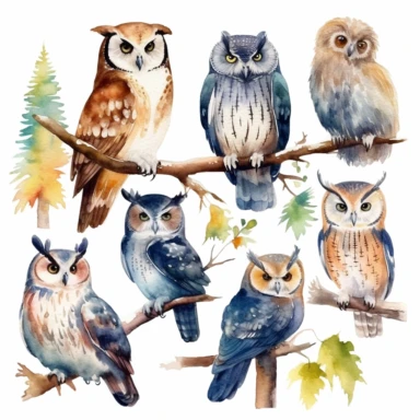 Woodland Animals Clipart Watercolor owls,multiple poses,no background