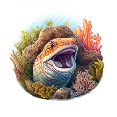 Clipart,An eel peeking out from a coral reef, hyperrealistic, hyper high definition