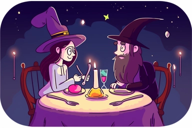 Cute Wizard on a magical candlelight dinner date with Cute Witch Clipart, on white background, spaced out, RGB, Romantic, Wizardcore, Witchcore, Multiverse, Ultra HD, hyperdetailled