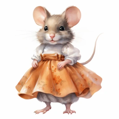 clipart vector image with plain white background of a watercolor painting of an orange mouse standing. Wearing a grey skirt. extremely detailed.