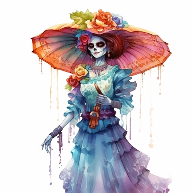 Day of the dead la catrina in the style of water color painting, full body , vibrant colors, on a white background style by Lucy Fleming, watercolor, smooth gradients, black contour outline, ultra detailed, clipart elements, delicate pastel colors, solid