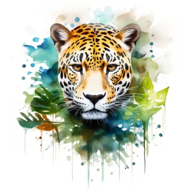 watercolor clipart, white background, Design a printable featuring a stunning jaguar, showcasing its wild beauty amidst the rainforest