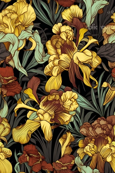 alchohol ink iris flowers seamless pattern in vibrant psychedelic color pallette, gold outlines and highlights, in the style of hyper - realistic illustrations, watercolored pencil, ink, comic art, 32k uhd, uhd image, clip art, svg, trending on etsy