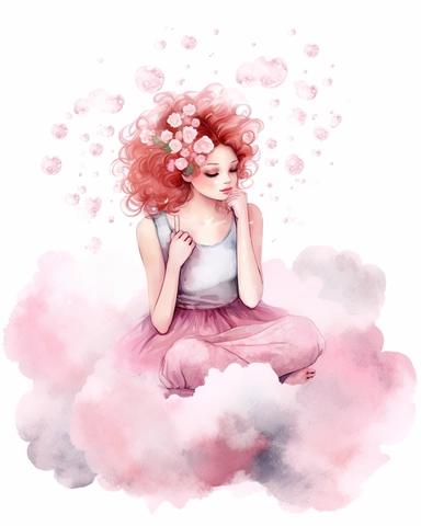 drawing watercolor clipart for a girl nursery of a beautiful red haired ballerina with pink flowers in her hair, sitting on a cloud in her pink ballerina clothes smiling, whilst sprinkling pink flowers. 8k.