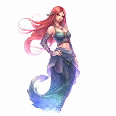 a charming asian mermaid, mermaid fin, full body, artistic interpretations, watercolor, manhwa character design, in the style of artgerm, 2d game art, quadratura, clipart, on white blackground,