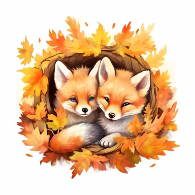 Sweet baby foxes nestled in a bed of colorful leaves, peeking out from behind a tree, or wearing a cute bowtie clipart