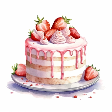 single birthday cake, strawberry cream flavor with decorations, watercolor, highly detailed, clip art