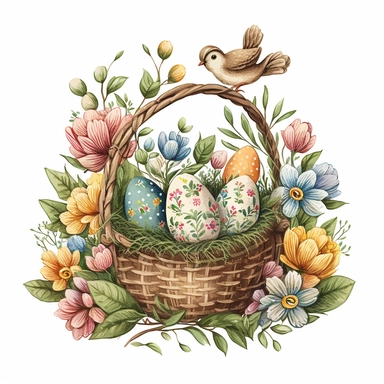 funny drawn sketch easter eggs with romanian traditional pattern in a a basket with flowers on white background, artistic painting, easter spring scene, add some spring leaves, add some flowers,add some birds, spring pastel colors, watercolor, clipart, 2d, sketch style, no text, no logo