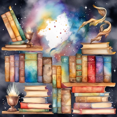 Watercolor Fantasy Books Clipart, galaxy wizard book stacks and shelves beautiful separate, individual images of bookshelves, magic scrolls, quill pens, inkwell, and book stacks in fantasy watercolor style, with gold and galaxy colors.