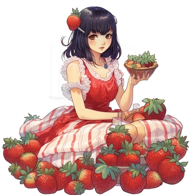 clip art, japanese girl in trying on a dress with strawberries on it, in styke anime art, unicorncore