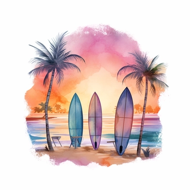 watercolour tropical beach scene sunset framed with a couple of surf boards stuck in the sand, png image that can be used as clipart