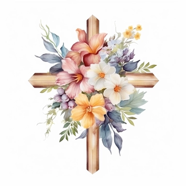 cross, different flowers, watercolor, clipart, white background