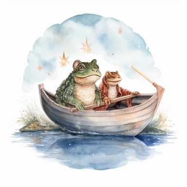 cute Cottagecore frog and toad in a boat on a pond with celestial accents, Clipart, watercolor, white background with margins