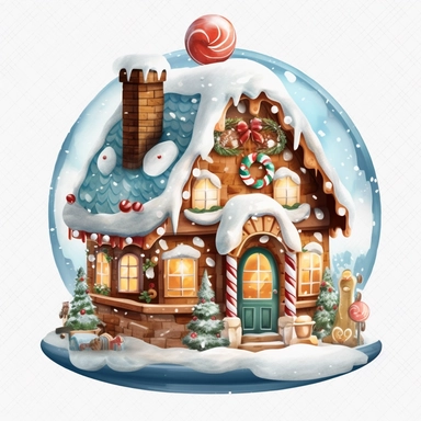 Christmas Gingerbread House Globe, lateral view, clipart, transparent background, clear background, high resolution, watercolor, vector, 12k, 300 dpi, 12: 12 ratio