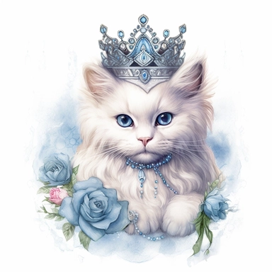 make a clipart of watercolor, fairytale, fluffy, victorian, female princess white cat sitting, bright blue eyes, with bright color tiara, blue roses, shabby chic,