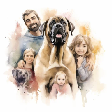 A heartwarming depiction of an English Mastiff with its human family, showcasing the breed's loyalty and affectionate nature, with the dog surrounded by smiling faces and warm embraces, with a white background and watercolor clipart.