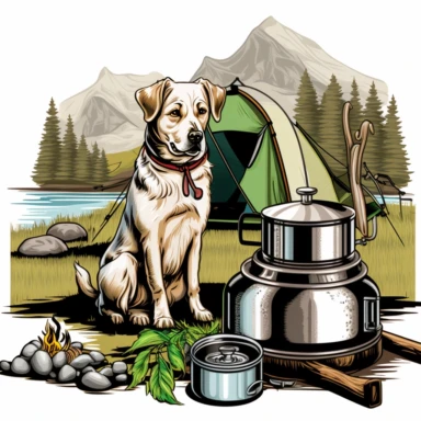 A clipart illustration of a dog sitting in front of a tent, with a camping stove and cookware set up nearby. Its facial expression is content, as it enjoys the smell of food cooking. The dog is wearing a collar and leash, and there are trees and a river in the background.