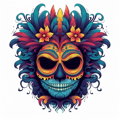 isolated flat clipart on a white background of a spooky day of dead themed voodoo mask tshirt design graphic, in the style of daniel f. gerhartz, transcendent, nikon d850, art of burma, captures the essence of nature, in the style of organic forms and patterns, expansive skies, hyper-detailed illustrations, i can't believe how beautiful this is, lively colors