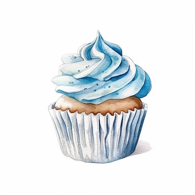 basic watercolor blue cupcake in minimal hand drawn style, Etsy, textured, clipart, white background