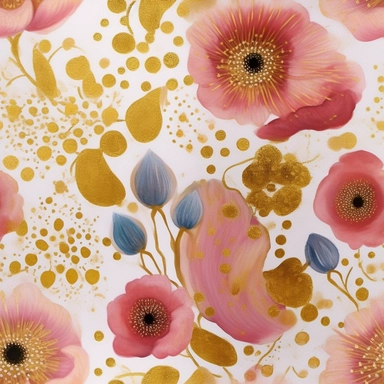 cute doodle flowers and spirals and circles pattern, watercolors and gold glitter watercolor clipart png on white background