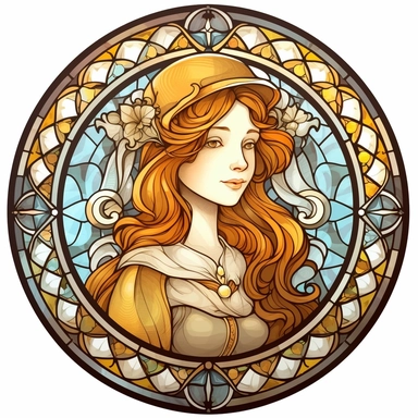Vintage Cute Beautiful Round Stained Glass girl Sublimation Clipart, Cartoon, hyper realistic, intricate detail, illustration style, high solution, on the white background