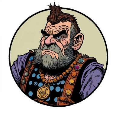 elderly dwarf wealthy merchant guild master Basil Wolverton, Dungeons & Dragons, handpainted punk zine fashion poster, clipart illustration, circle white background, circle border