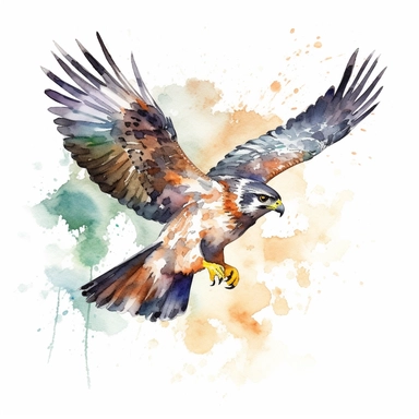 A majestic watercolor clipart illustration of a Falcon bird, elegantly portrayed against a pristine white background. The artwork showcases the bird's strength and grace, with its sleek body, powerful wings, and sharp beak. The watercolor technique lends a soft and dreamy quality to the illustration, with delicate brushstrokes that create a sense of movement and fluidity. The Falcon is depicted in mid-flight, its wings spread wide as it soars through the sky with unparalleled agility. The white 