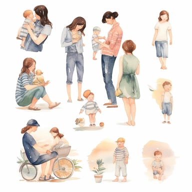 watercolor, Set of cute women and families with newborn babies. Collection of different children with happy parents feeling love png Full body realistic cartoon in 32K UHD cute. 15 cm thick outline. Black color. There was no shadow on the ground. 8k with realistic watercolors and detailed illustrations. PNG clipart, transparent white background