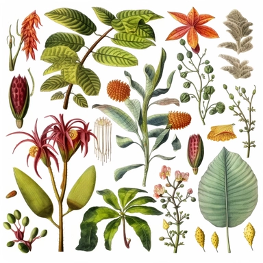 Clipart, vintage, watercolor, historical drawings of diverse and exotic Amazonian flora by pioneering botanists, hand-draw, texture