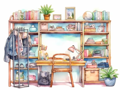 watercolor desk with lamp, book shelves, wardrobe, clothes hanger, clip art,planner elements, stickers a colorful clipping file featuring rhinestones, and accessories, in the style of hand-drawn, hallyu, pastel-hued, logo, sea and coast painter, maranao art, seapunk