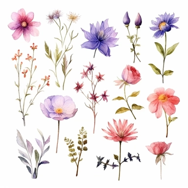 set of Birth Flower elements, isolated watercolor Clipart, watercolor illustrations, white background for removing background