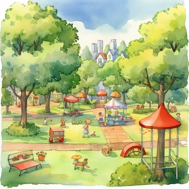 a sunny park, with flowers, trees and toys. The scenery includes some elements such as colorful fruits, snacks, and maybe even a picnic blanket spread with goodies. Pixar childrens book cartoon style, detailed, modern, urban, watercolor, full color, flat color, white background. children book illustration. Watercolor clipart. Pixar animation