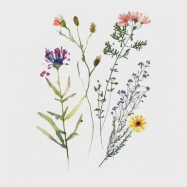 very simple and minimalistic wild flowers clipart, watercolor wild flowers, individual, white background